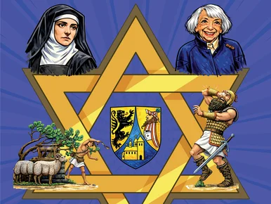 Winterferienprogramm im Jahr der jüdischen Kultur in Sachsen 2026 Zeichnung eines goldenen Davidsterns, in dessen Mitte das Wappen der Stadt Borna eingefügt ist