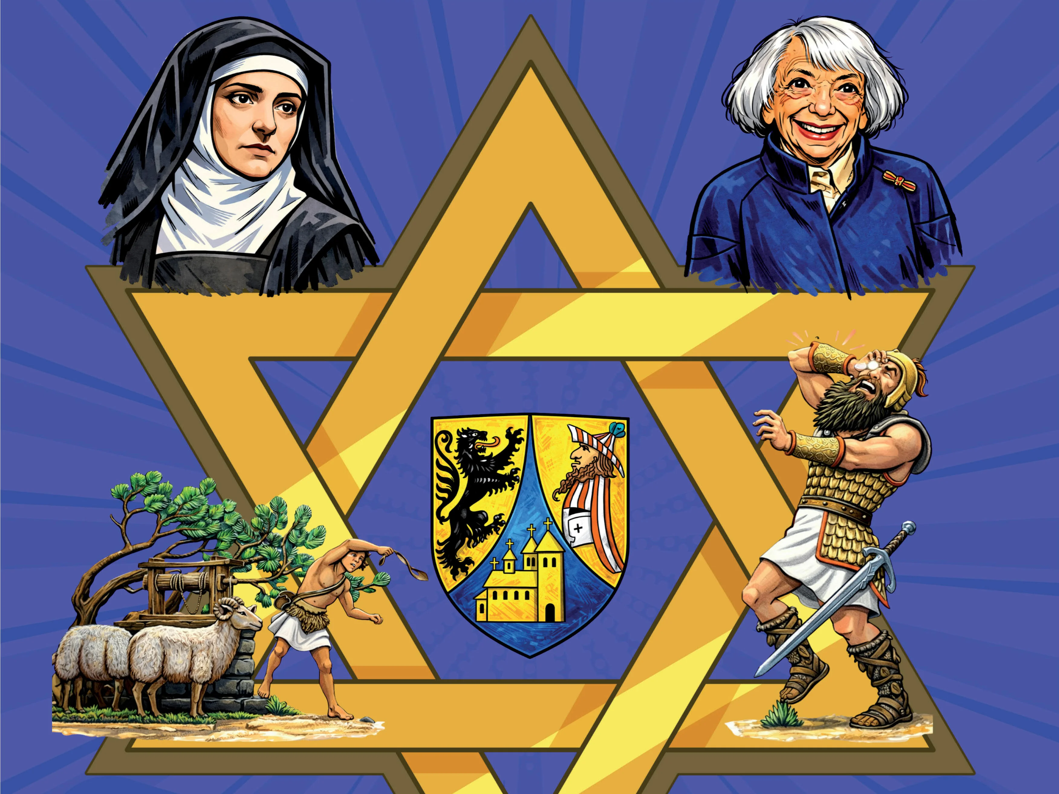 Winterferienprogramm im Jahr der jüdischen Kultur in Sachsen 2026 Zeichnung eines goldenen Davidsterns, in dessen Mitte das Wappen der Stadt Borna eingefügt ist