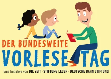 In einem Comicbild liest eine Person zwei Kindern vor, darunter steht geschrieben "Der bundesweite Vorlesetag".