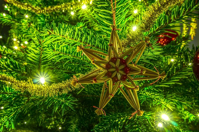 Detailaufnahme eines geschmückten Weihnachtsbaumes aus nächster Nähe, im Mittelpunkt des Fotos ein sternförmiges Stroh-Ornament