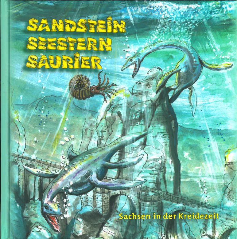 Das Foto zeigt das Plakat zur Sonderausstellung. Es ist eine in Türkis gehaltene Zeichnung einer Unterwasserwelt mit urzeitlichen Tieren.