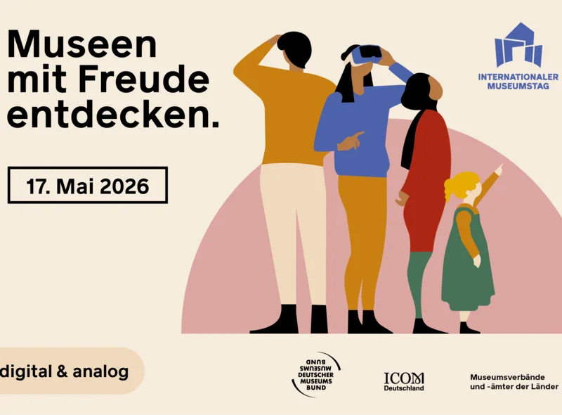 Unter dem Motto "Museen mit Freude entdecken" ist eine einfache Zeichnung einer vierköpfigen Familie, die um sich blickt.