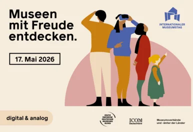 Unter dem Motto "Museen mit Freude entdecken" ist eine einfache Zeichnung einer vierköpfigen Familie, die um sich blickt.