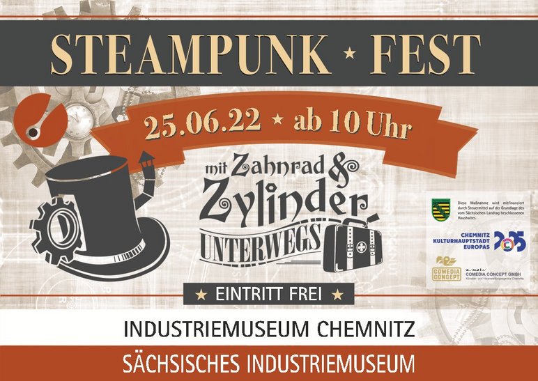 Das Plakat zum 2. Chemnitzer Steampunk-Fest zeigt unter anderem einen Zylinder mit einem Zahnrad.