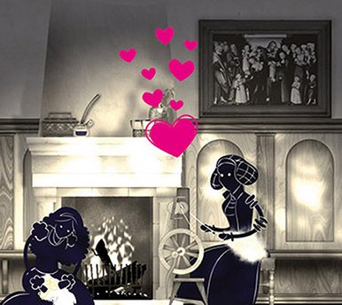 (Ver)führung zum Valentinstag Collage, in der Cartoon-artige Zeichnungen zweier historisch gekleideter Frauen (einer Magd, einer Frau am Spinnrad) in einem Raum mit Kamin und holzvertäfelter Wand sitzen; über den beiden rankt sich eine Reihe pinkfarbener Herzen in die Luft.