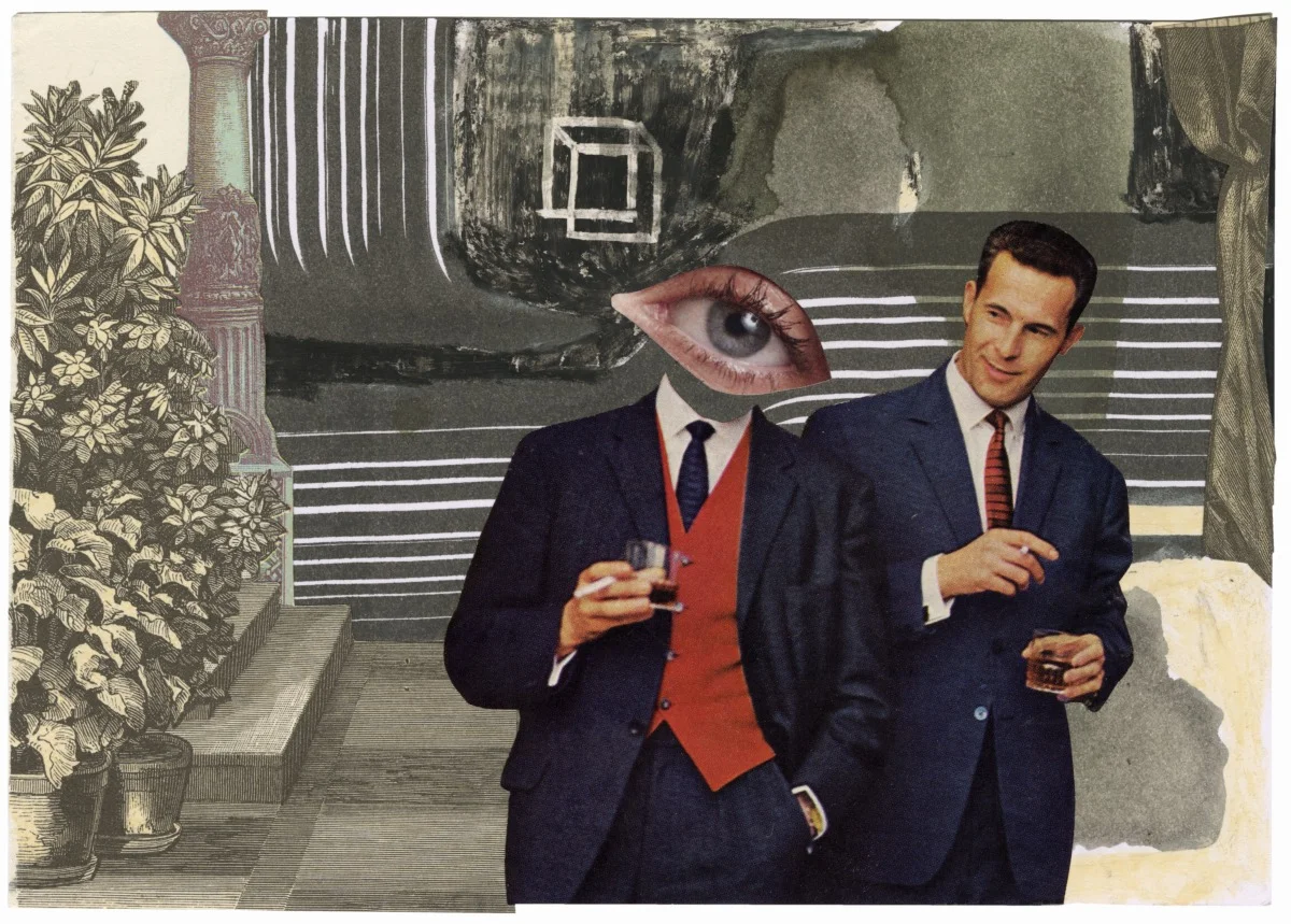 Sebastian Vaas, „Blackrock“, 2024, 141 x 200 mm, Papiercollage Im Zentrum der Collage stehen zwei Geschäftsmänner in Anzügen. Einer von ihnen hat anstelle eines Kopfes ein riesiges Auge.