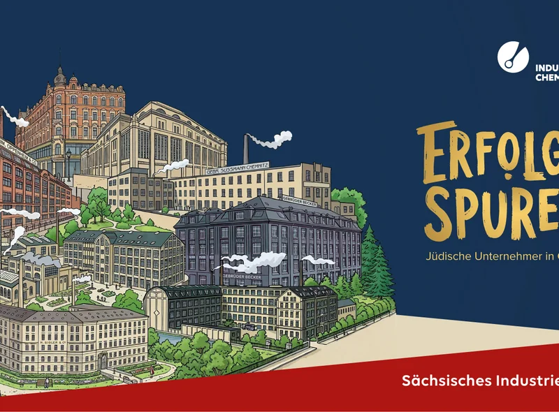 Ausstellungsmotiv ist eine Collage mit Grafiken von Industriebauten jüdischer Unternehmen in Chemnitz.