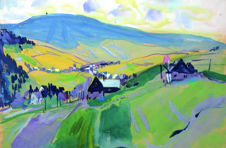 In Grün-, Blau- und Gelb-Tönen gehaltenes Gemälde, das den Blick über ein Tal auf die bläuliche Kuppe des Keilbergs (des höchsten Bergs im Erzgebirge) freigibt