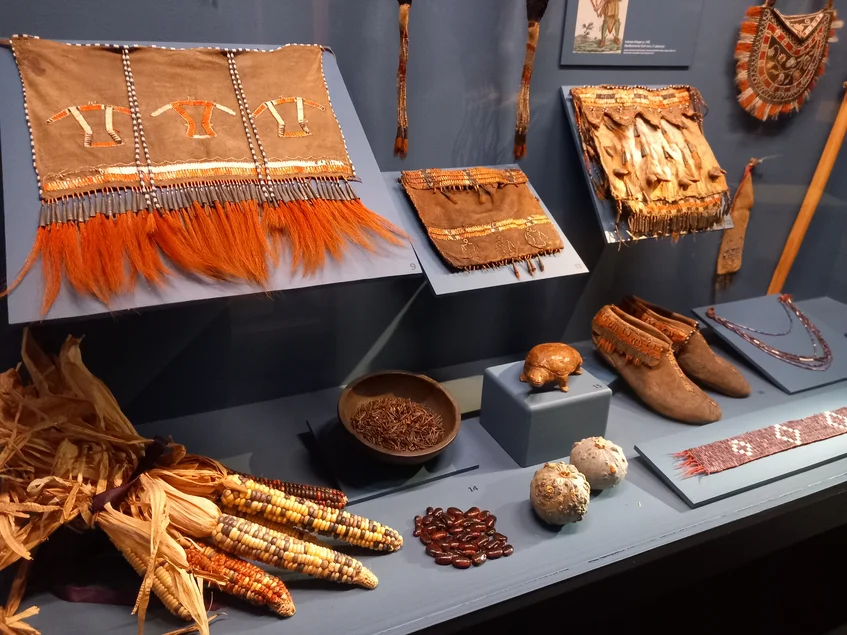 Einblick ins „Östliche Waldland“ Nordamerikas Vitrine zum indigenen Kulturareal Östliches Waldland mit bestickten Taschen, Mokassins und traditionellen Nahrungsmitteln