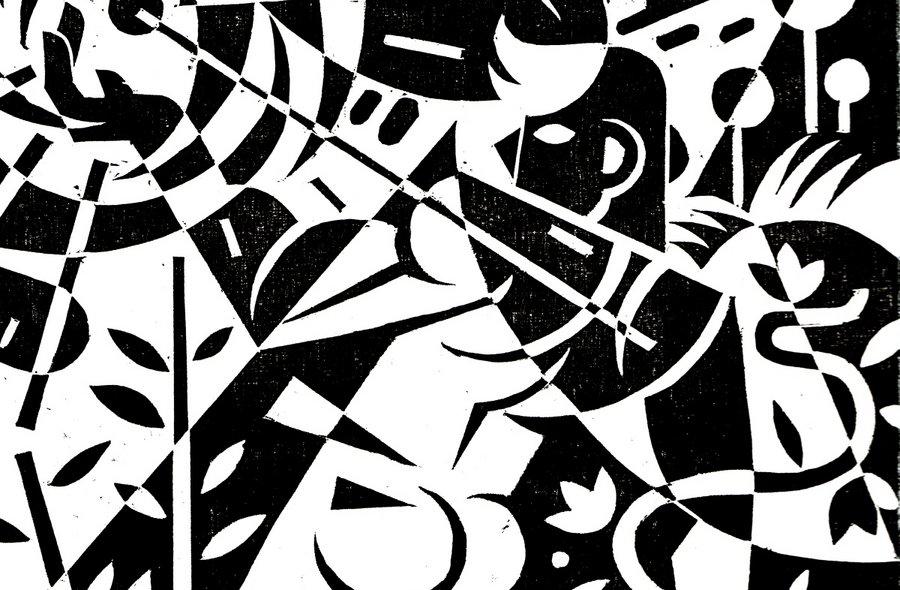Nichtgegenständliche, aus schwarzen und weißen Flächen unterschiedlicher Formen bestehende Grafik. Von links oben scheint eine Sonne den Bildausschnitt zu bestrahlen, im unteren Bereich ist eine Form erkennbar, die einen nackten Po erahnen lässt.