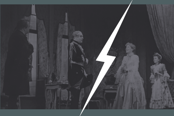 Historisches Szenenfoto aus der Aufführung von Lessings Theaterstück "Minna von Barnhelm oder das Soldatenglück", welches von einem SS-runen-artigen Blitz durchkreuzt wird