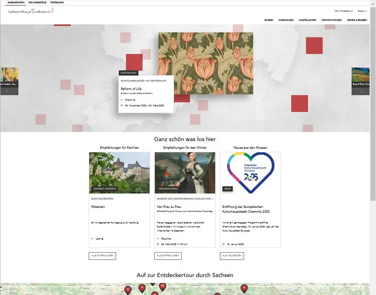 Screenshot der Website Sachsens-Museen-entdecken.de, auf dem unterhalb eines horizontalen Menüs ein Slider mit Highlight-Auss
