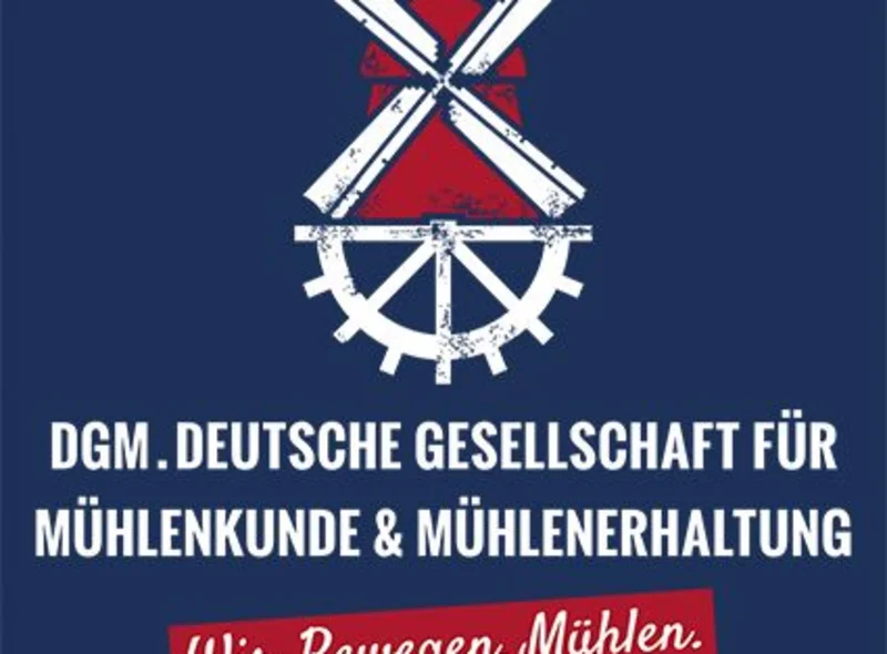 Vereinfachte Zeichnung einer Windmühle und eines Wasserrades über dem Schriftzug "Wir bewegen Mühlen"