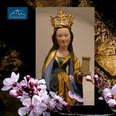 Barbaratag im Erzgebirgsmuseum Abbildung der Heiligen Barbara mit Kirschblütenzweige