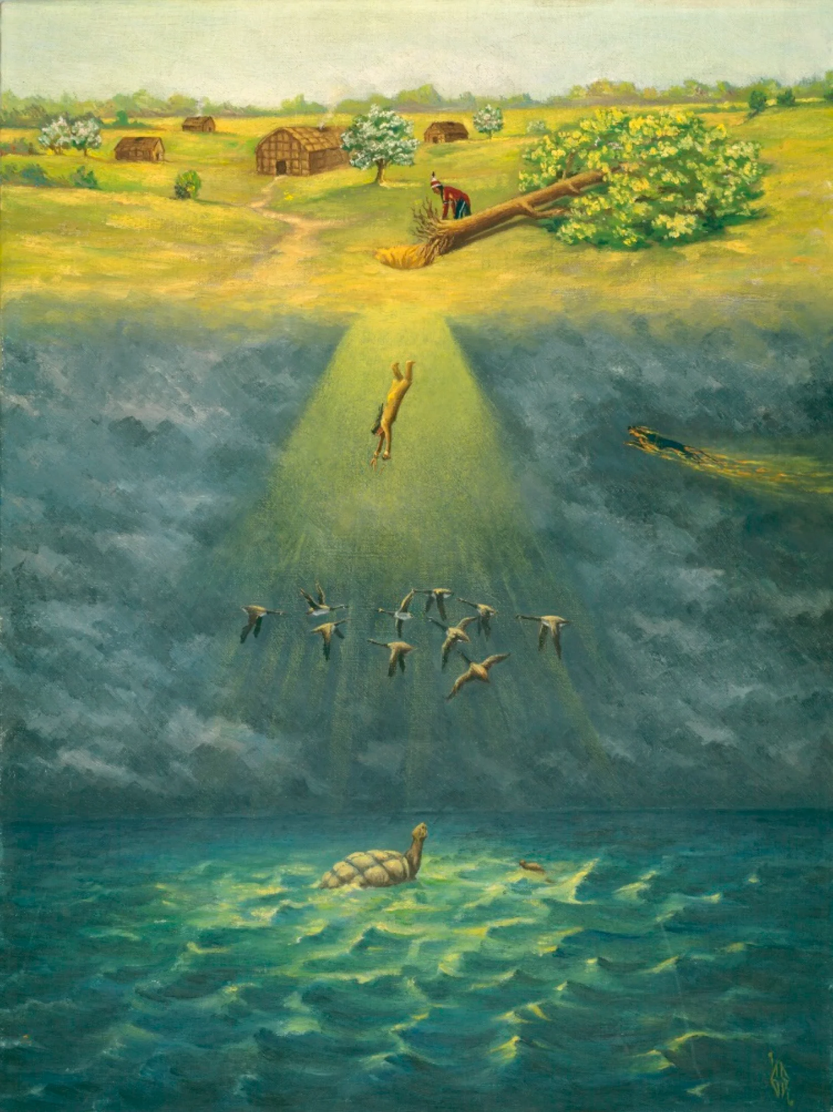 Ernest Smith „Sky Woman“, 1936 Das Bild stellt einen irokesischen Schöpfungsmythos dar: Eine Frau fällt vom Himmel herab auf den Rücken einer Schildkröte.