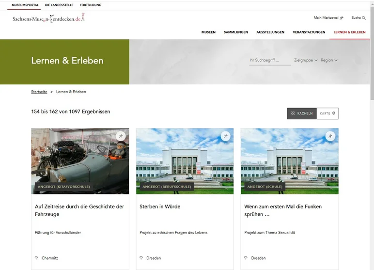 Screenshot des Bereiches „Lernen und Erleben“ auf der Website Sachsens-Museen-entdecken.de. Unterhalb eines horizontalen Menü