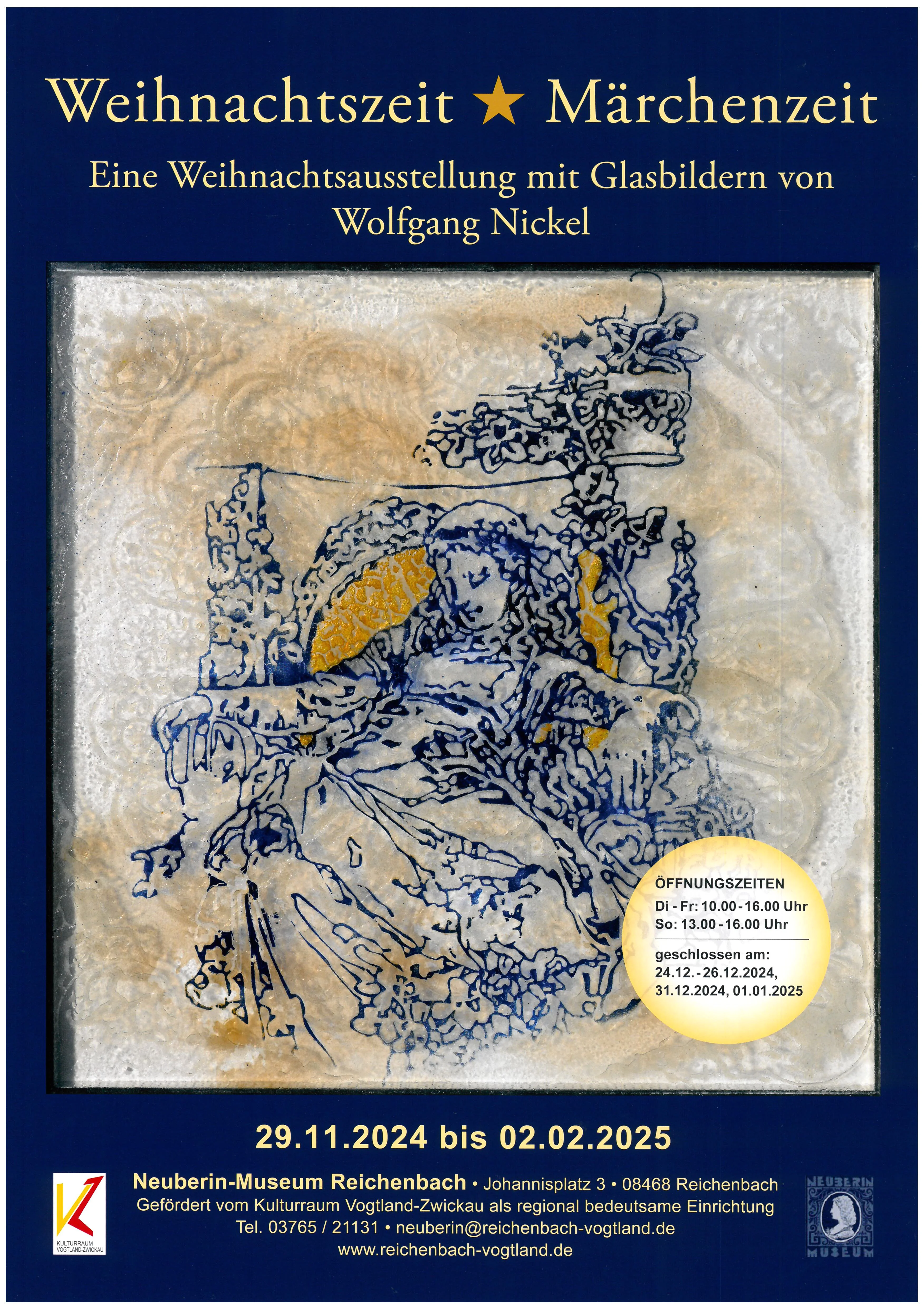 Ausstellungsplakat der Weihnachtsausstellung 2024/25 Das Plakat zeigt das Glasbild "Schlafendes Dornröschen" gefertigt von den Glaskünstler Wolfgang Nickel aus Georgenzell in Thüringen