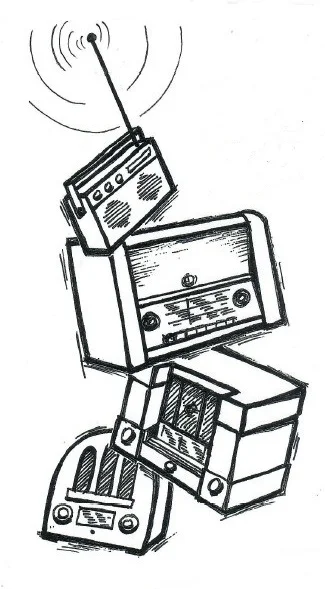 Zum Welttag des Radios im Museumsbahnhof Einfache Schwarzweißzeichnung, die vier übereinander angeordnete historische Radios beziehungsweise Rundfunkempfänger zeigt