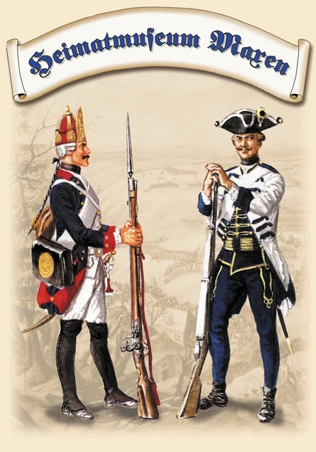 Wandbild zur Schlacht bei Maxen 1759 Farbige Grafik zwei sich gegenüberstehender Soldaten in historischen Uniformen