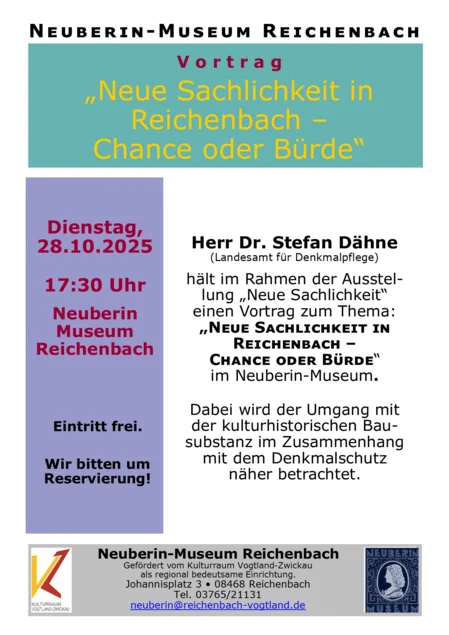 Der Handzettel enthält Textinformationen zum Vortrag "Neue Sachlichkeit in Reichenbach –  Chance oder Bürde?"