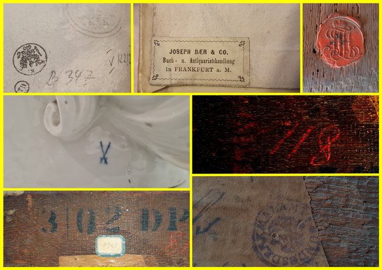 Eine Zusammenstellung von sieben fotografischen Nahaufnahmen unterschiedlicher auf die Rückseiten von Kunstwerken aufgebrachter handschriftlicher Vermerke, Stempel, Siegel und Schilder