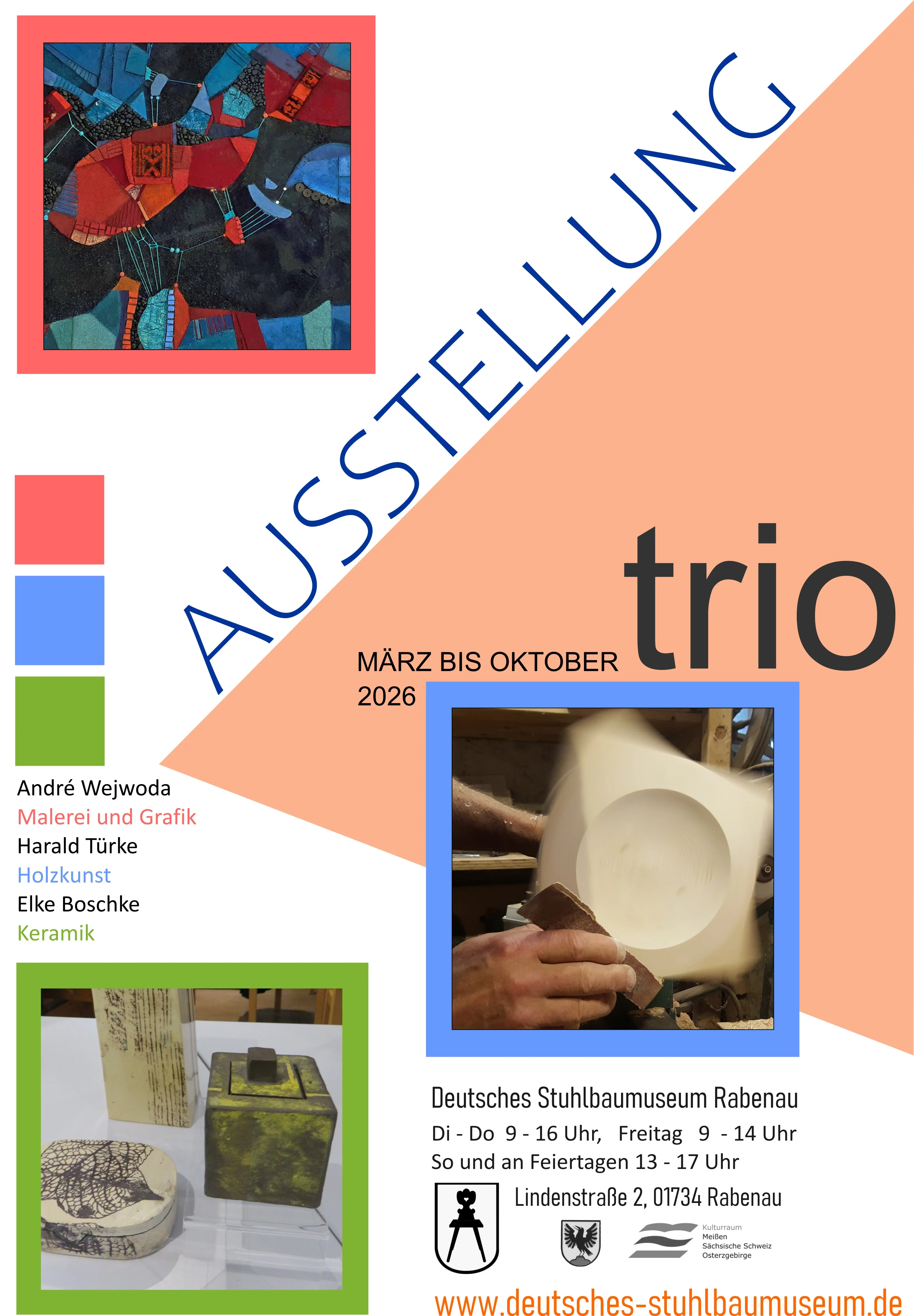 Motive sind eine abstrakte Malerei von André Wejwoda, ein Holzkunstwerk von Harald Türke und Keramiken von Elke Boschke