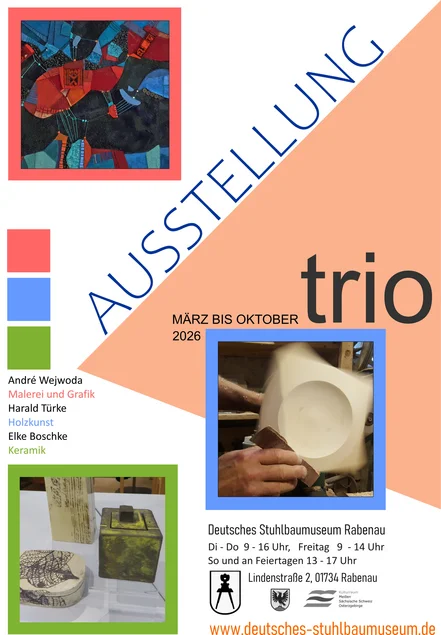 Motive sind eine abstrakte Malerei von André Wejwoda, ein Holzkunstwerk von Harald Türke und Keramiken von Elke Boschke