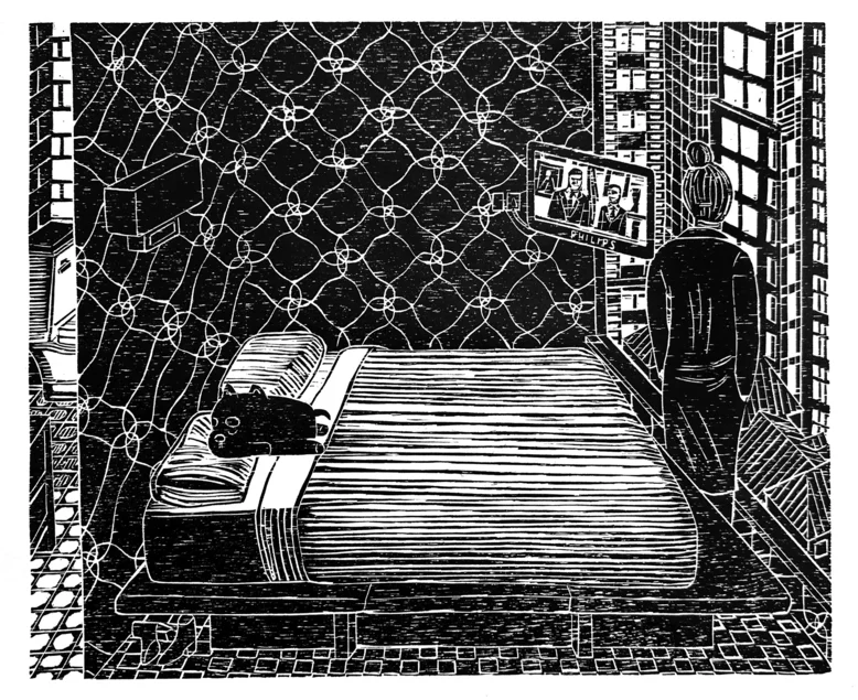 Gabriela Jolowicz, „Hotelroom NY“, Holzschnitt, 28,5 x 35 cm Schwarzweißgrafik eines kleinen Raumes mit gemusterter Tapete und großem Doppelbett mit Hund, am Fenster stehend eine Person