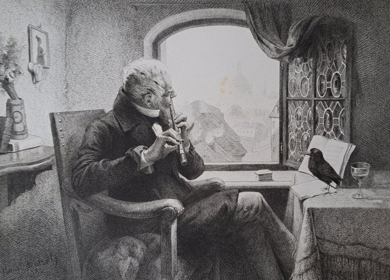 Schwarzweiß-Grafik, auf der ein nach Mode des 19. Jahrhunderts gekleideter Mann an einem Tisch vor geöffnetem Fenster sitzt und Flöte spielt. Vor ihm auf dem Tisch sitzt eine Amsel.