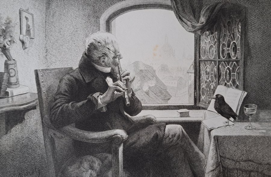 Schwarzweiß-Grafik, auf der ein nach Mode des 19. Jahrhunderts gekleideter Mann an einem Tisch vor geöffnetem Fenster sitzt und Flöte spielt. Vor ihm auf dem Tisch sitzt eine Amsel.