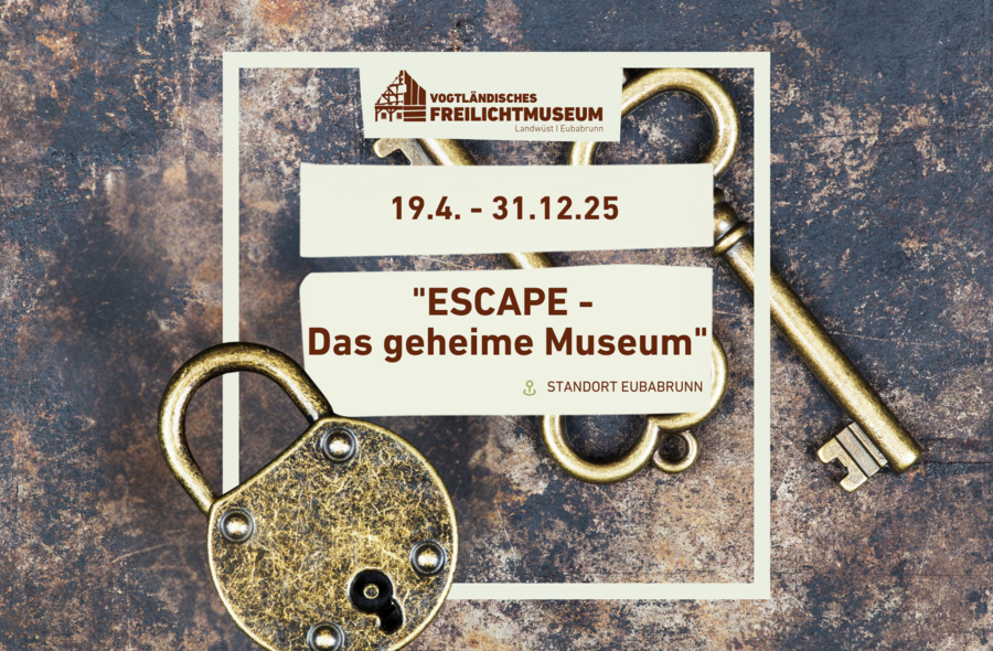 Plakatmotiv sind ein altes Vorhängeschloss und zwei Schlüssel. Auf dem Plakat sind außerdem Ausstellungstitel, -laufzeit und -ort vermerkt.