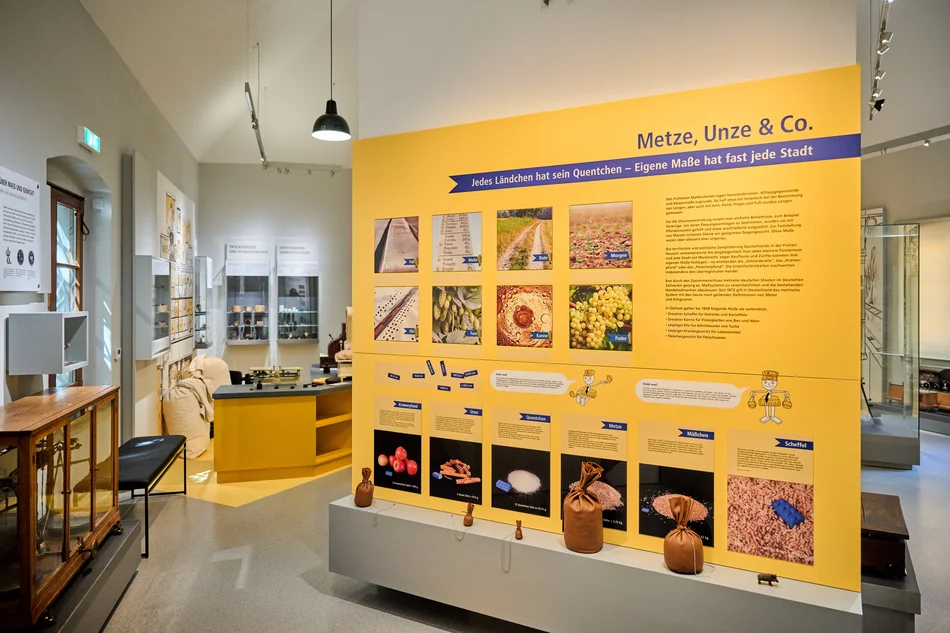 Zentral im Raum steht eine große, gelbe didaktische Wand zum Thema „Metze, Unze und Co.“ Davor stehen verschiedene größere und kleinere Gewichte zum Ausprobieren. Im Hintergrund ist die Inszenierung eines historischen Krämerladens mit Theke, Regalen, Balkenwaage und alter Kasse sowie diversen Gewichten und prall gefüllten Säcken zu sehen.