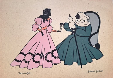 Märchenhaft. Eine fantasievolle Reise Historische Illustration von Dornröschen und der bösen Fee, die eine spitze Spindel hält.