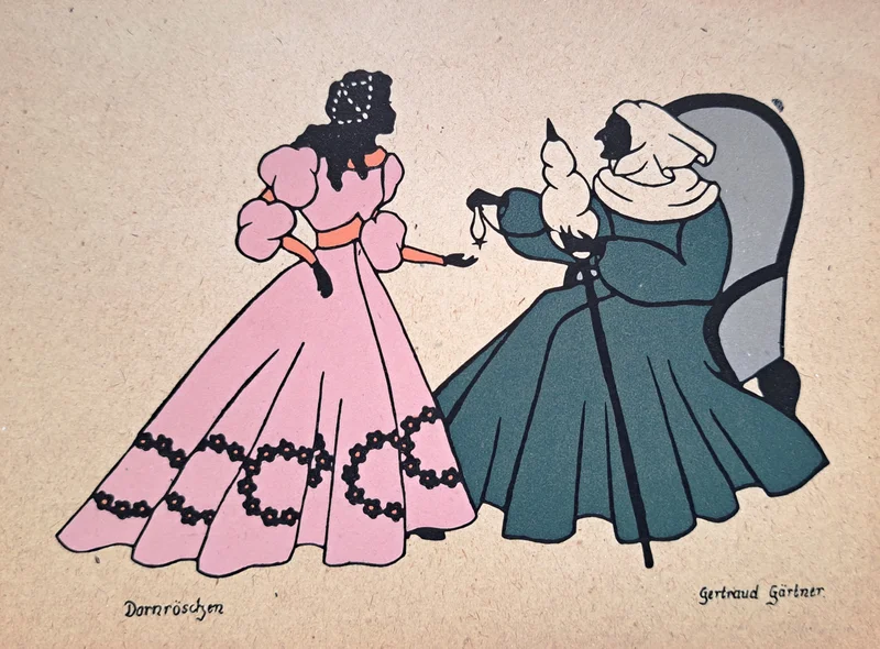 Historische Illustration von Dornröschen und der bösen Fee, die eine spitze Spindel hält.