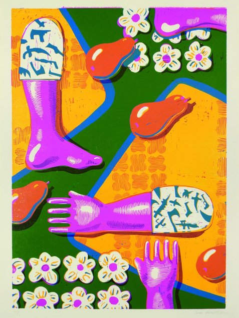 Zu sehen ist die Grafik „Birnen“ des Künstlers Lucas Kaier, ein farbenfrohes Werk mit Birnen, Arm und Bein in Gelb, Pink und Grün.