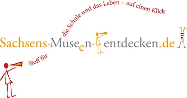 Spielerisch ausgeführte Wortmarke: „Stoff für die Schule und das Leben – auf einen Klick – Sachsens-Museen-entdecken.de“