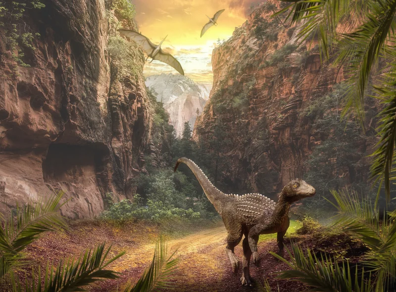 Visualisierung einer prähistorischen felsigen Landschaft mit Dinosaurier und zwei Flugsauriern