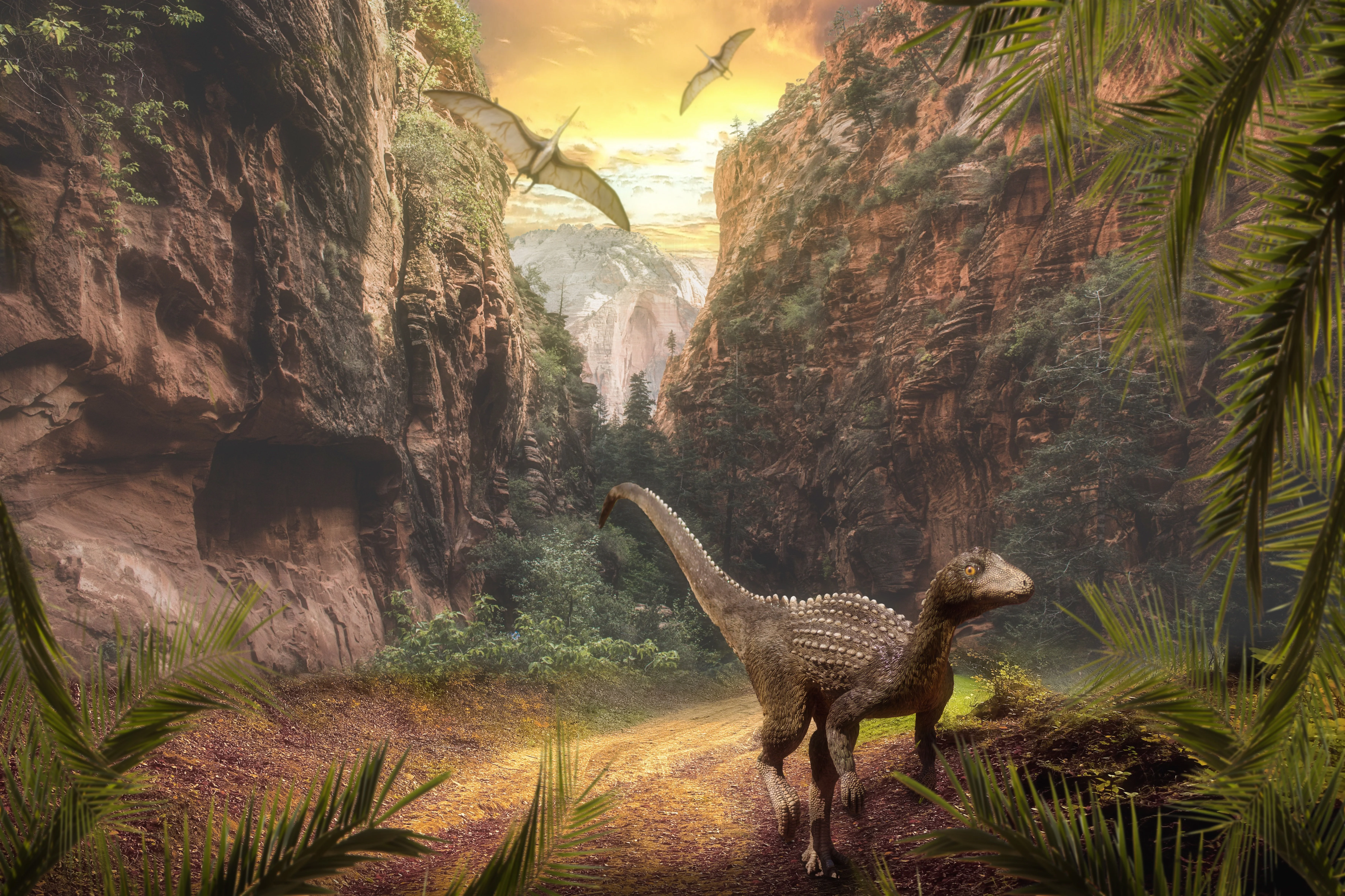 Visualisierung einer prähistorischen felsigen Landschaft mit Dinosaurier und zwei Flugsauriern