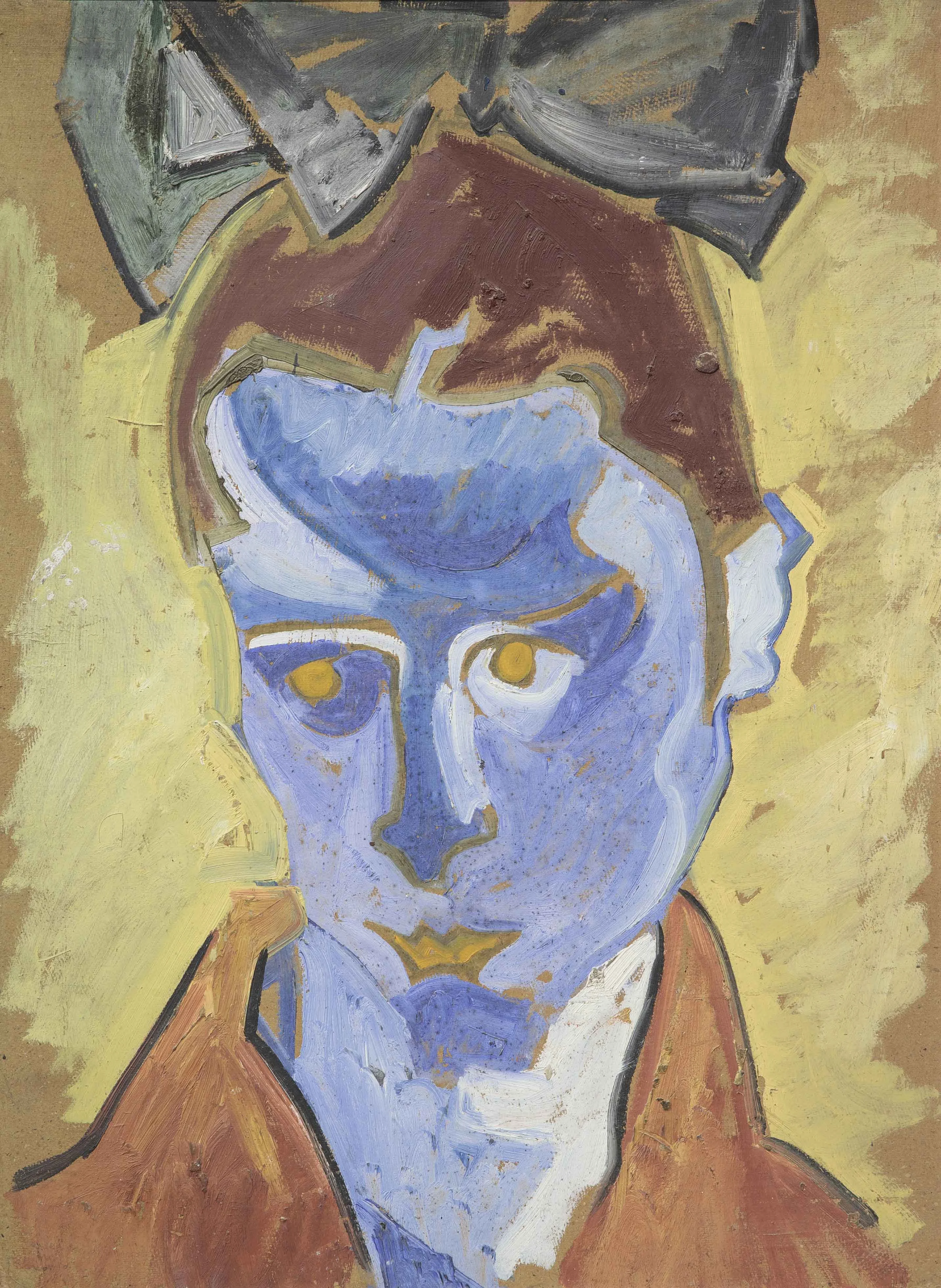 Carl Lohse, „Mädchen mit blau-grauer Schleife“, 1919, Öl auf Pappe, Privatbesitz Ein expressionistisches Gemälde zeigt ein Porträt einer Person mit bläulichem Gesicht, leuchtend gelben Augen und einem großen, dunklen Schleifenband im Haar, vor einem gelb-bräunlichen Hintergrund.