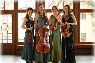 Lunus-Quartett, Dresden Vier nebeneinanderstehende junge Musikerinnen mit ihren Streichinstrumenten stehen in einem Raum vor einer großen Fensterwand und lächeln in die Kamera.