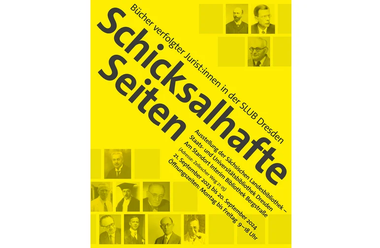 Ausstellungsplakat Auf knallig gelbem Hintergrund sind mehrere historische Porträtfotografien in Schwarzweiß angeordnet. Zentral verläuft der Schriftzug des Ausstellungstitels über das Plakat, darunter Ausstellungsort und -laufzeit sowie die Öffnungszeiten.