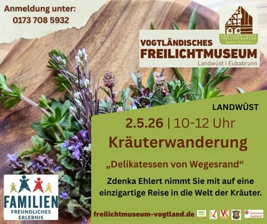 Motiv des Plakates zur Kräuterwanderung sind Wildkräuter auf einem Schneidbrett