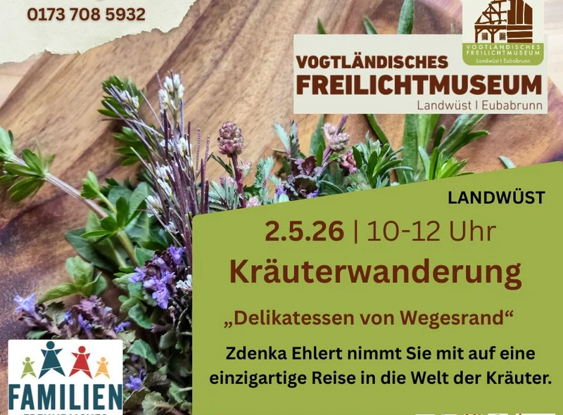 Motiv des Plakates zur Kräuterwanderung sind Wildkräuter auf einem Schneidbrett