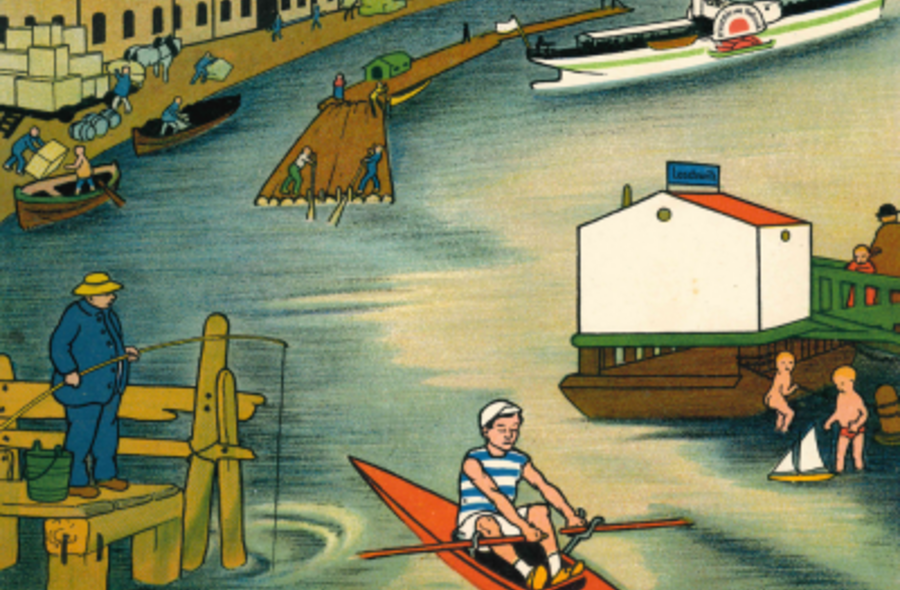 Farbzeichnung einer städtischen Szene am Fluss, mit einem Ruderer, zwei am Wasser mit einem Spielschiff spielenden Kindern und einem Angler auf einem Steg