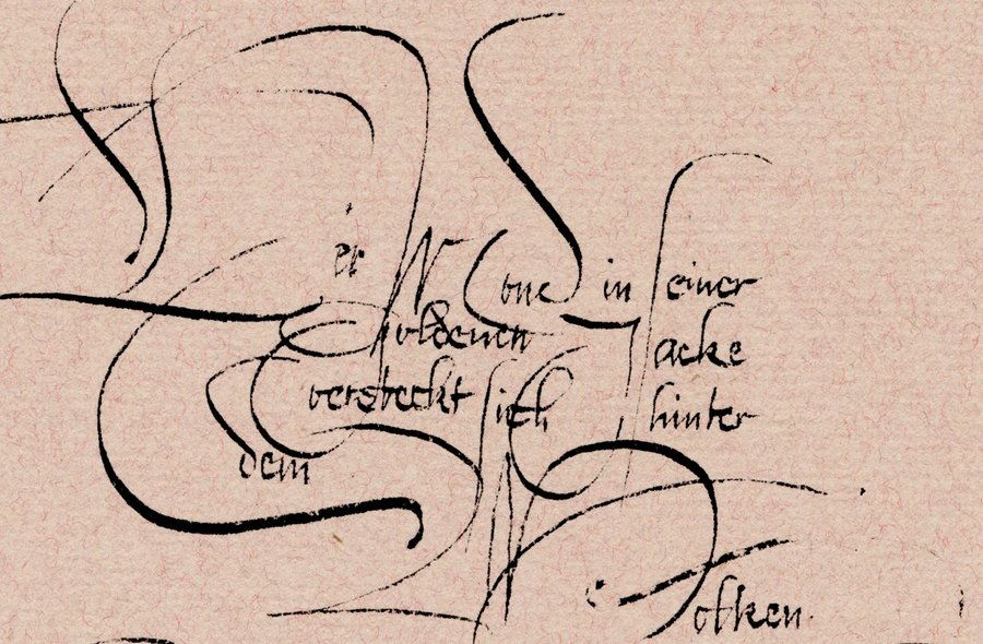 In geschwungenen, schwarzen Tusche-Linien kalligrafisch ausgeführter kurzer Text