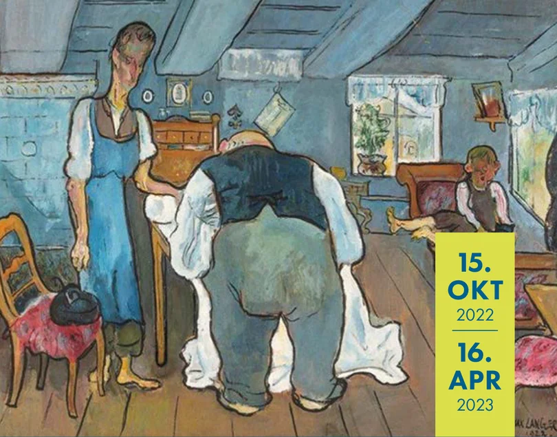 Max Langer, „Warenbeschau beim Oberlausitzer Handweber“, 1923 Das Foto zeigt Max Langers 1923 geschaffenes Gemälde „Warenbeschau beim Oberlausitzer Handweber“. Es zeigt einen dicken, glatzköpfigen Textilhändler von hinten, wie er, vor dem Weber in dessen einfacher Oberlausitzer Stube stehend, ein großes weißes Tuch begutachtet. Im Hintergrund ist ein barfüßiges Kind zu sehen.