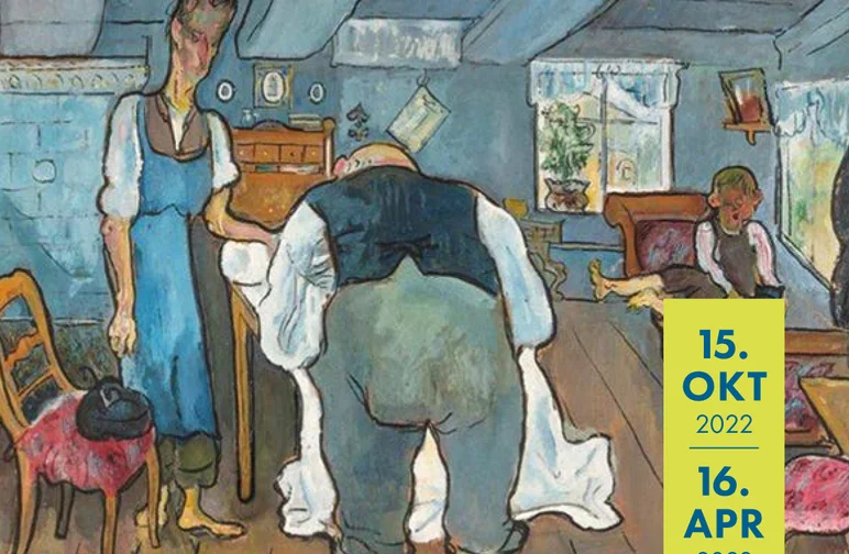 Max Langer, „Warenbeschau beim Oberlausitzer Handweber“, 1923 Das Foto zeigt Max Langers 1923 geschaffenes Gemälde „Warenbeschau beim Oberlausitzer Handweber“. Es zeigt einen dicken, glatzköpfigen Textilhändler von hinten, wie er, vor dem Weber in dessen einfacher Oberlausitzer Stube stehend, ein großes weißes Tuch begutachtet. Im Hintergrund ist ein barfüßiges Kind zu sehen.