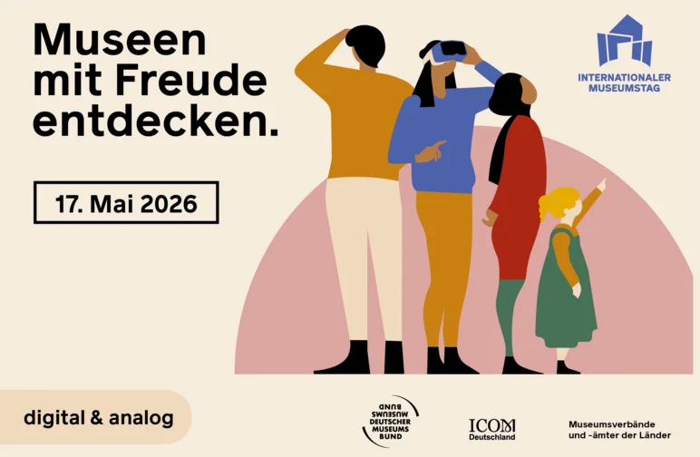 Neben dem Motto "Museen mit Freude entdecken" ist die Zeichnung von vier in unterschiedliche Richtungen blickenden Personen.