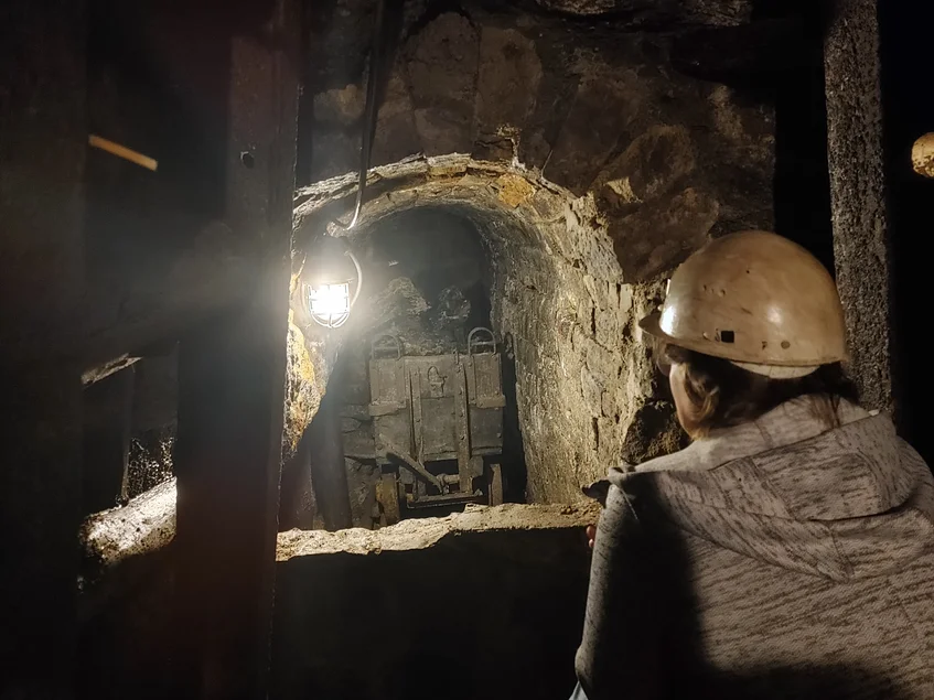 Das Foto zeigt eine Person von hinten, welche in den beleuchteten Gang eines Bergwerks schaut, in dem sich eine Lore mit Steinkohle befindet.