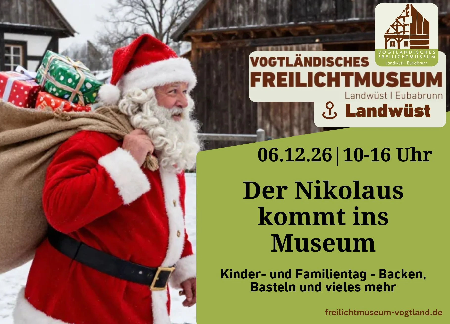 Der Nikolaus kommt ins Museum Nikolaus mit Geschenkesack auf der linken Seite, auf der rechten Seite Titel und Datum der Veranstaltung
